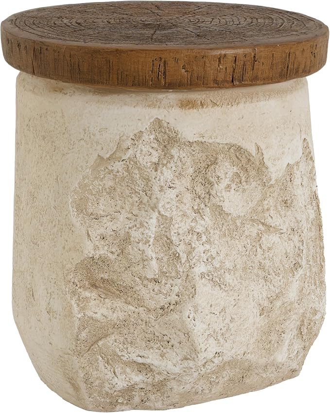 Elvira Outdoor Patio MGO Side Table, Stone-Effect Accent End Table with Faux Wood Grain Top, Beige Rustic Modern Side Stand for Balcony Garden Poolside Living Room Bedroom