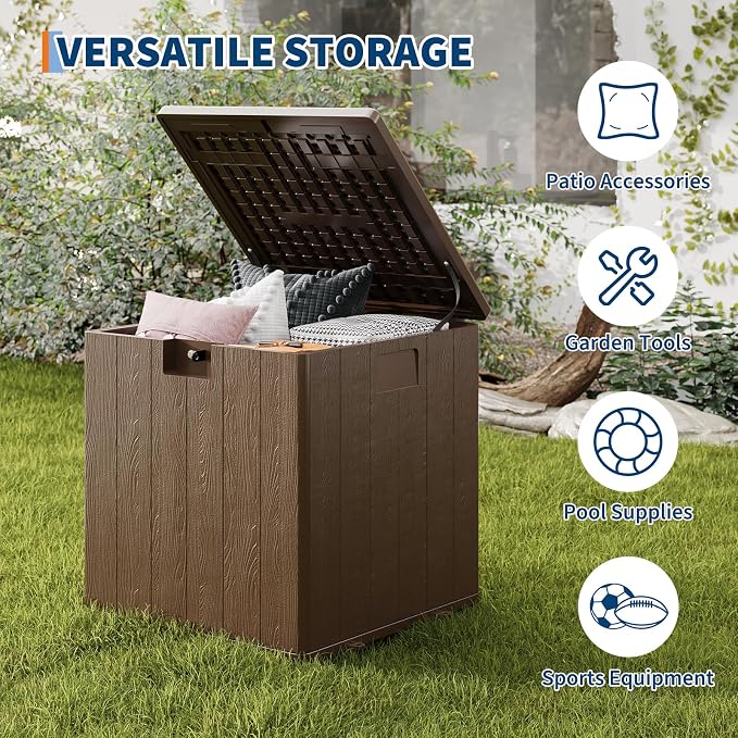 28 Gallon Outdoor Deck Box, Lockable Waterproof Outdoor Resin Box with Lid, Patio Storage Bin for Patio Furniture, Garden Tools, Pool Accessories - Brown