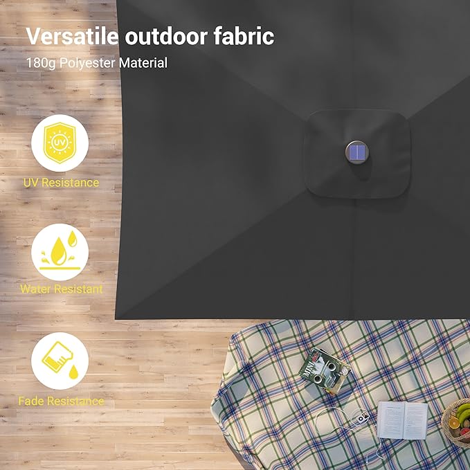 Rectangle Patio Umbrella with Solar Lights, 10 x 6.5ft Rectangular Outdoor Umbrella Table Market Patio Umbrella with Push Button Tilt and Crank for Garden, Deck, Backyard, Pool