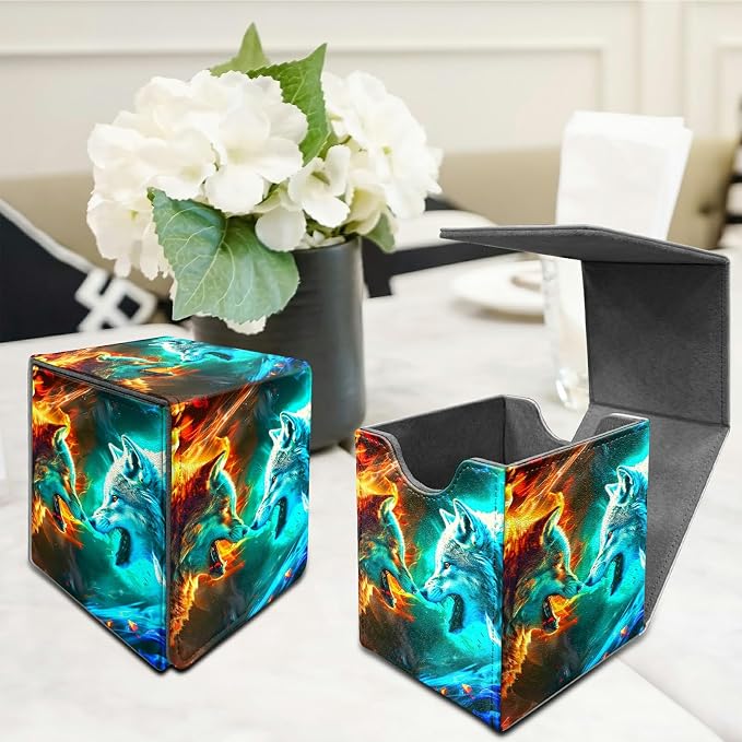 Deck Box for MTG, Cards Storage Box Fits 120+ Sleeved, Leather Medium Size Strong Magnetic Closing Card Case for Board Games Magic TCG CCG Baseball Collection, Two Flaming Wolves
