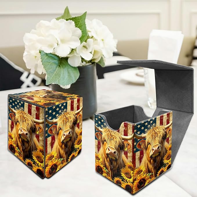 Yellow Cow Sunflower Card Deck Box for MTG, Personalized Card Storage Case Fits 120+ Sleeved Cards, Premium Leather TCG Box with Strong Magnetic Closure for Magic, CCG, PTCG, Baseball Cards