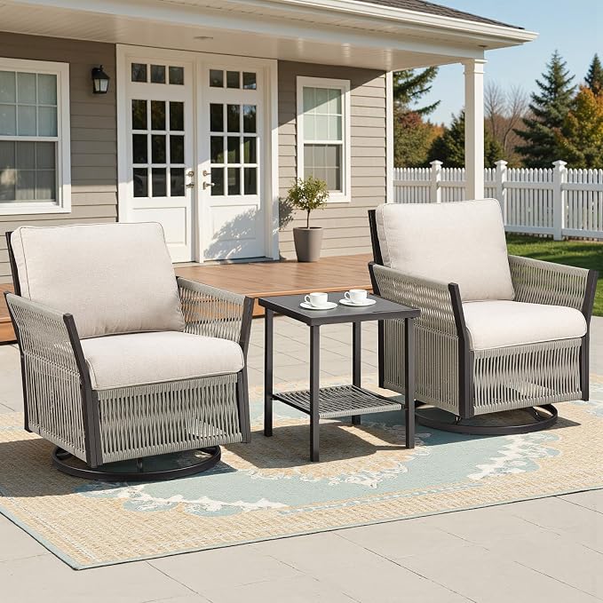 Patio Furniture Set Outdoor/Indoor, Wicker Patio Sofa, 3pcs Furniture Set with Swivel Rocker Chairs and Side Table for Backyard, Garden, Poolside(Beige)