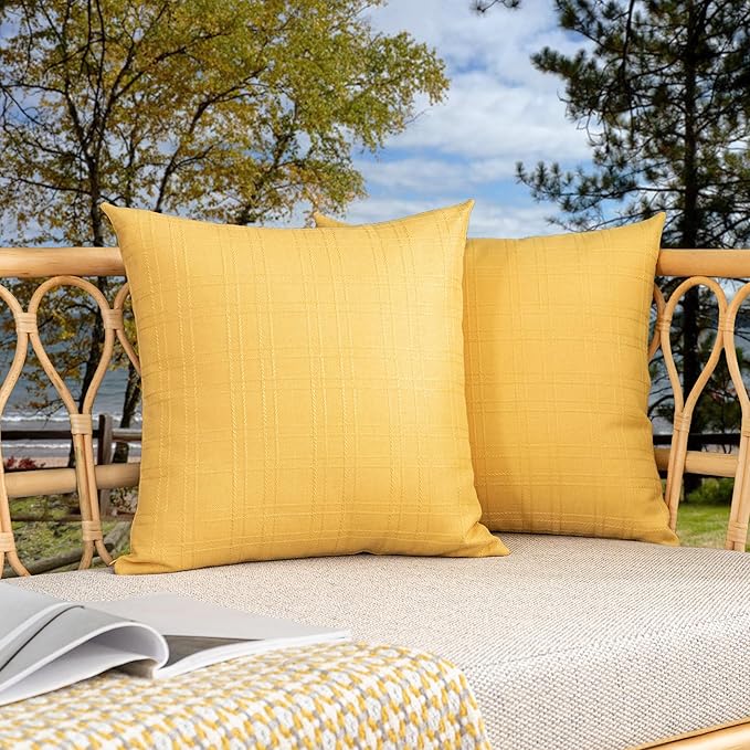Kevin Textile Pack of 2 Outdoor Waterproof Throw Pillow Covers Decorative Farmhouse Checkered Square Solid Cushion Cases for Patio Garden Porch Sofa Yellow 18x18 inch