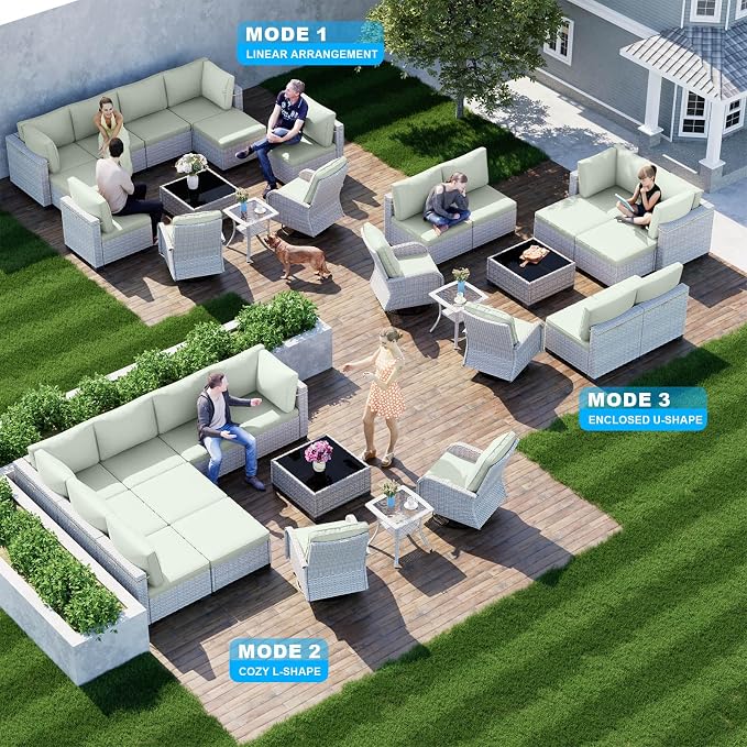 12-Piece Patio Furniture Set, Outdoor Patio Furniture with Swivel Chairs Set, Ottomans, Modular Patio Sofa, Dual-Strand Rattan, Rust-Resistant Frame, Light Green