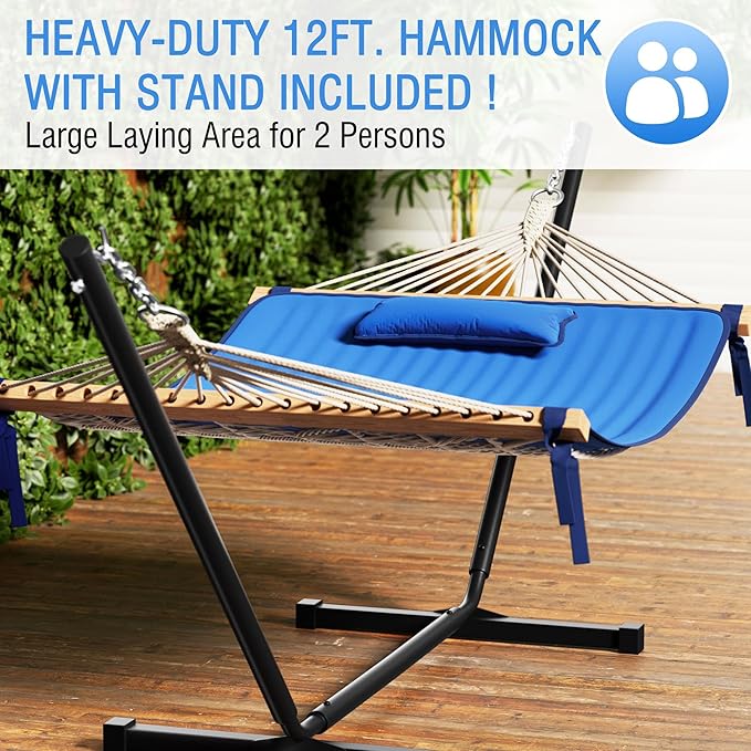 MUPATER 12FT Double Hammock with Stand Included, 2 Person Hammock, Outdoor Quilted Hammock with Stand, Rope Hammock with Pad and Pillow, hamacas para adultos, Dark Blue