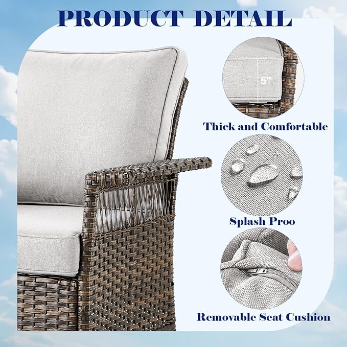 Outdoor Wicker Patio Furniture Set - 5 Piece Rattan Patio Conversation Sets with 2 Armrest Chairs,2 Ottomans and 1 Side Table for Porch Deck Garden(Brown/Beige)