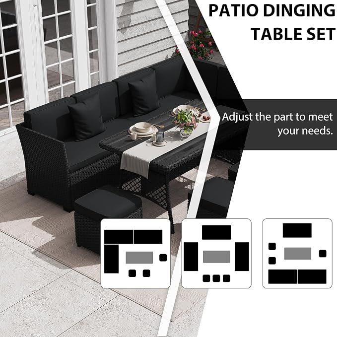 KIGOTY 7 Piece Patio Furniture Set, Outdoor PE Wicker Rattan Outdoor Dining Set, Patio Table and Chairs Set, Patio Conversation Sofa Set with Dining Table and Ottoman(Black-Black)