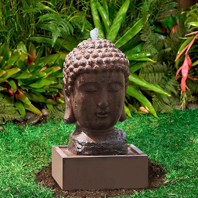 Buddha Water Fountain Outdoor Indoor Zen Statue Decor Large Fiberglass Decorative Fountains in Rock Color 22" Height