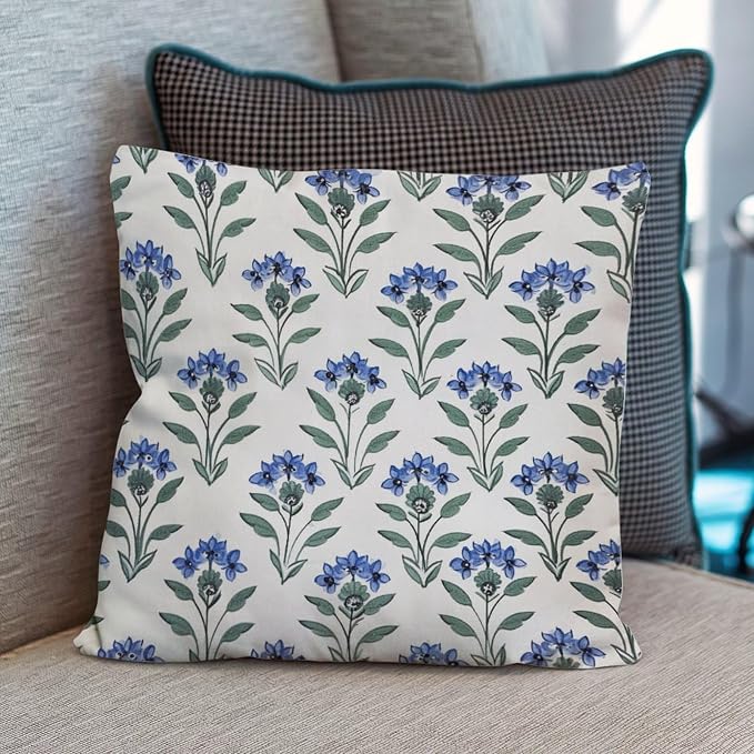 Cushion Cases Mughal Flower Throw Pillow Covers Farmhouse Blue Lotus Floral Pillow Cover Accent Outdoor Garden Decoration for Sofa Patio Couch 20x20 in