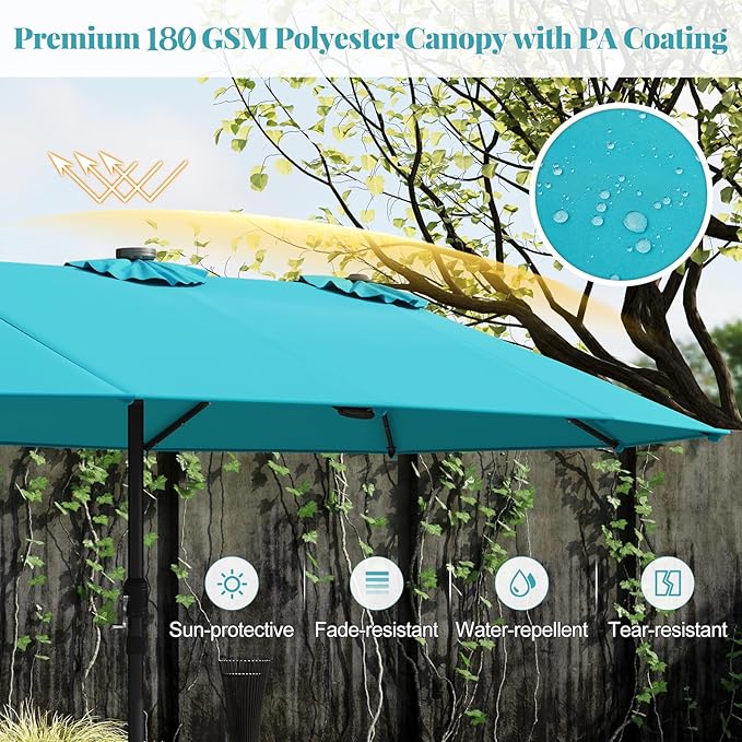 Tangkula 15FT Double-Sided Solar Patio Umbrella, Extra-Large Outdoor Twin Umbrella with 48 LED Lights, Vented Top, Crank Handle, 12 Ribs, Weighted Base Included for Backyard Poolside Deck (Turquoise)