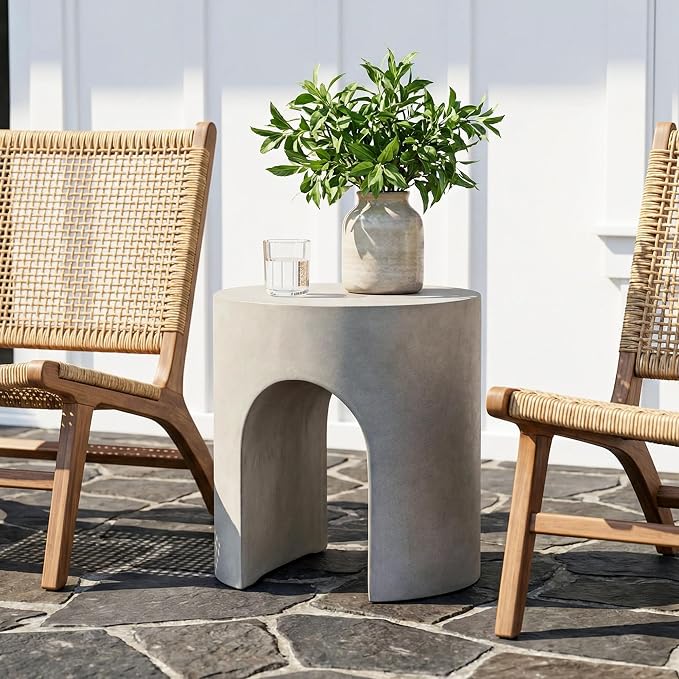 HOMPUS Outdoor Side Table, Concrete End Table w Arch Design, Round Patio MgO Coffee Lightweight Table, Modern Accent Stone Garden Stool for Indoor Outdoor Use, Gray