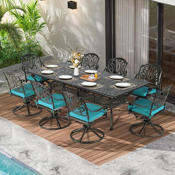 MEETWARM 9-Piece Outdoor Patio Dining Set for 8, All Weather Cast Aluminum Patio Funiture Table and Chairs Set- 94.5” Rectangular Table and 8 Cushioned Swivel Rocker Chairs, Umbrella Hole, Ocean Blue