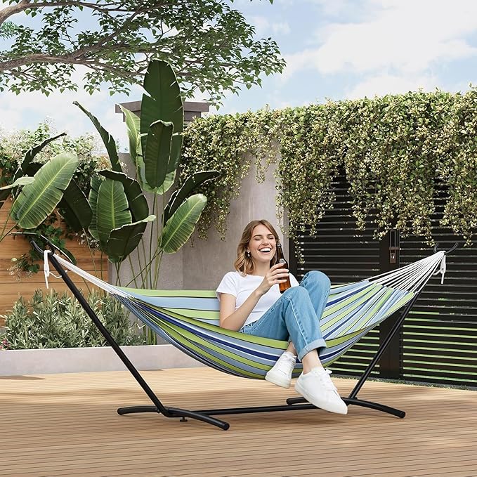 Double Hammock with Space-Saving Steel Stand - 2 Person Portable Heavy Duty Hammock with Carrying Bag for Outdoors & Indoors, Easy Assembly, 350 lbs Capacity