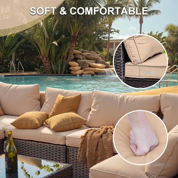 5 Pieces Patio Furniture Set with 42" Fire Pit Table, Outdoor Patio Sectional Sofa, Wicker Rattan Conversation Set, Beige