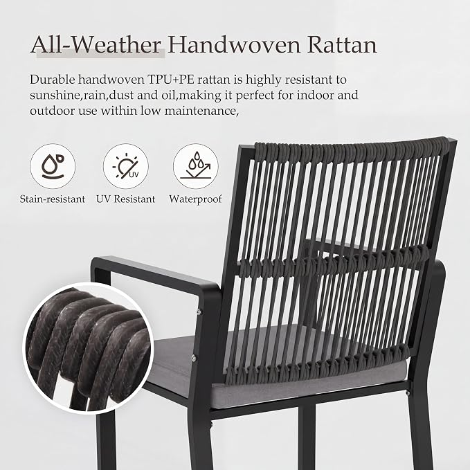 7 Pieces Outdoor Dinning Set Featuring 1 Aluminum Table and 6 Iron Alloy Ratten Chairs Waterproof and Rust-Proof Courtyard Style Table Garden Balcony Poolside, Black 7 Pcs
