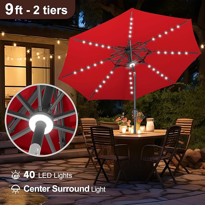 FLAME&SHADE 2 Tiers 9ft Solar Light Patio Umbrella, 40 LED lights outdoor umbrella with Centre Surround Light, Table Market Umbrella for Deck, Pool, Porch, Backyard, Garden (Red)