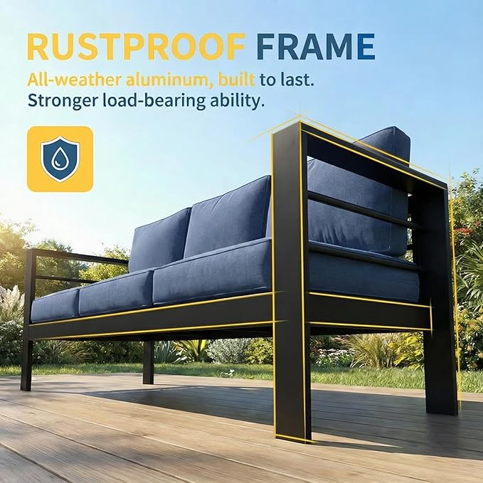 Wisteria Lane Aluminum Patio Furniture Set for All Weather, Oversized Metal Outdoor Furniture Set with 27.5" Deep Seat and Thick Back Cushion, Outdoor Patio Conversation Sets with Wide armrest, Blue