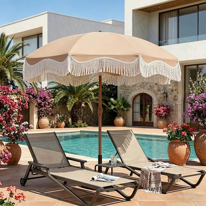 7ft Patio Umbrella with Fringe, Boho Beach Umbrellas, Outdoor Tassels Umbrellas with Push Button Tilt & Carrying Bag, 8 Windproof Fiberglass Ribs, UPF50+