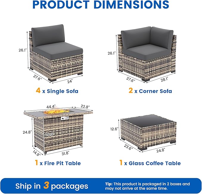 8-Piece Patio Furniture Set with 44” Fire Pit Table - All-Weather Wicker Conversation Sectional Sofa & Coffee Table with Thickened Cushions for Backyard, Garden(Grey)