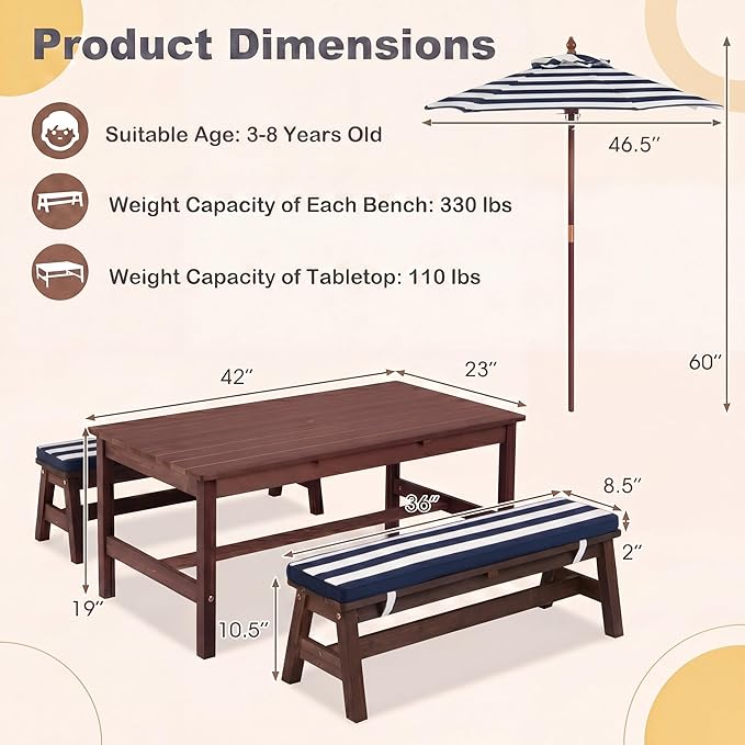 HONEY JOY Kids Picnic Table, Large 42” x 23” Tabletop, Fir Wood Toddler Outdoor Table & Bench Set w/Removable Cushions & Umbrella, Children Backyard Furniture for Patio Garden, Seats for 4 (Blue)