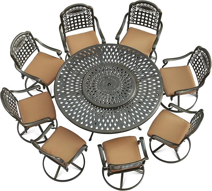 VIVIJASON 9-Piece Outdoor Furniture Dining Set, Rust-Free Cast Aluminum Patio Conversation Set, Include 8 Swivel Dining Chairs & 61" Round Dining Table with 31" Lazy Susan, Umbrella Hole, Khaki