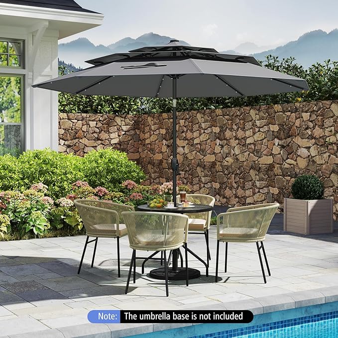 Tangkula 10 FT Solar LED Patio Umbrella, 3-Tier Vented Outdoor Market Table Umbrella with 32 LED Lights, Tilt Adjustment, Crank Handle, 8 Ribs for Backyard Pool Deck (Gray)