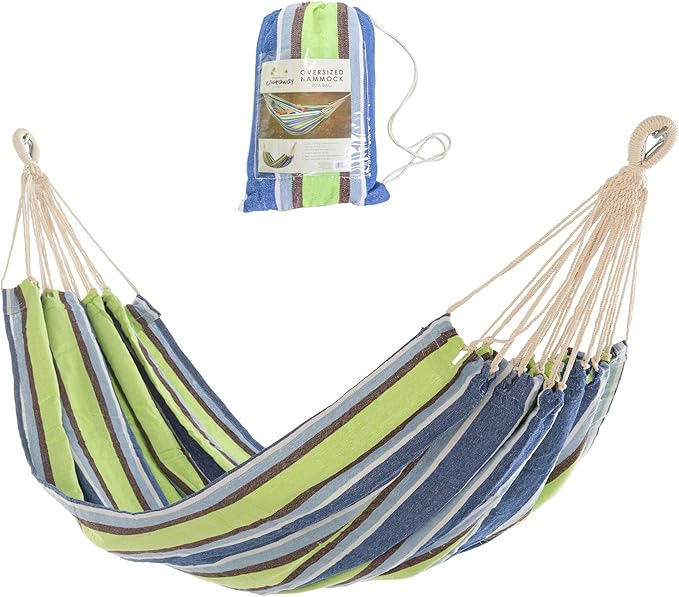 Castaway Living Large Blue & Green Stripe Brazilian Double Hammock with Matching Storage Bag, Designed in The USA, Perfect for Backyard, Patio, Bedroom, Beach & More