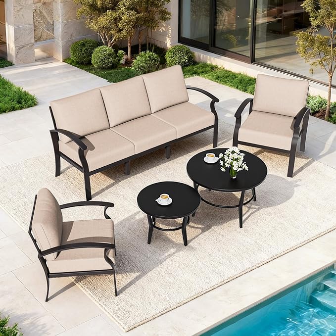 ALAULM Aluminum Patio Furniture Set with Round Coffee Tables, 5-seat Outdoor Sectional Furniture w/5.1" Cushions, Patio Conversation Set for Porch, Backyard, Poolside-Sand