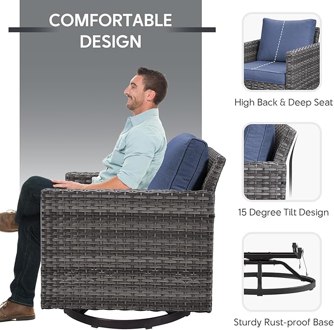 4 Piece Wicker Patio Furniture with Fire Pit Table - Outdoor Conversation Set with 50,000 BTU Fire Pit, All Weather Rattan Patio Set for Deck Backyard Garden - Grey Wicker Blue Cushion