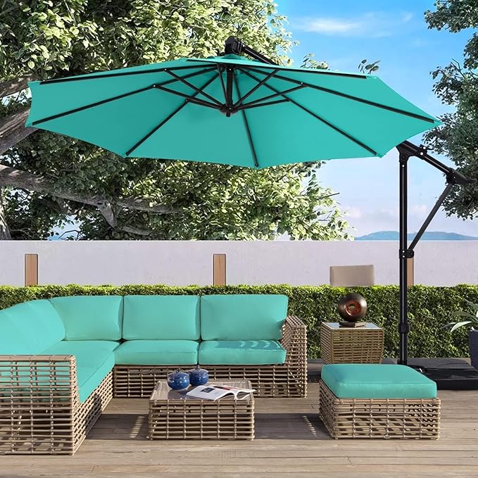 ABCCANOPY 10FT Cantilever Patio Umbrella with Base Stand, UV Protection Offset Hanging Outdoor Umbrella, 360° Rotation & Tilt Adjustment,Suitable for Pool, Deck, Garden, Backyard(Turquoise)