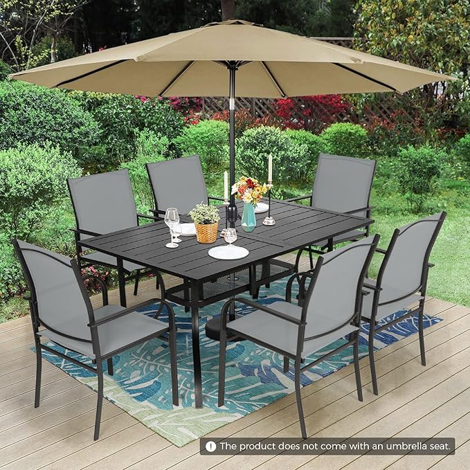 Incbruce 8 Pieces Patio Dining Set with Brown Umbrella, Outdoor Dining Set of 6 Textilene Chairs and Rectangle Table with Umbrella Hole for Backyard, Garden, and Poolside (Grey)
