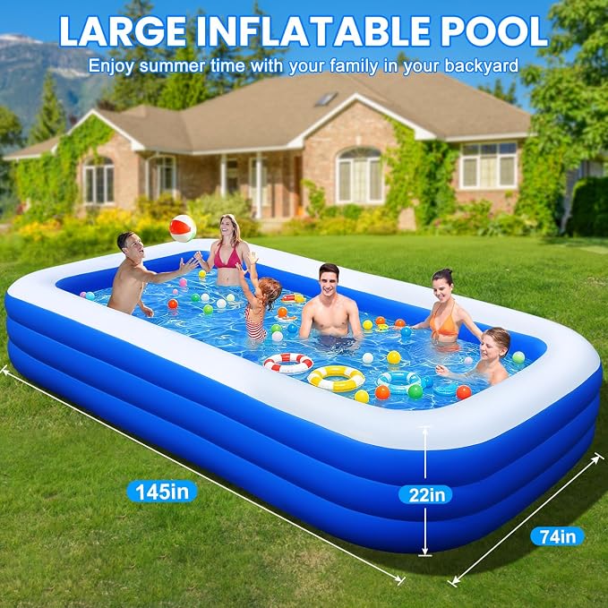 Extra Large Inflatable Pool for Adults, 145" x 74" x 22" Oversized Blow Up Family Swimming Pool, Durable Thickened Above Ground Pool for Backyard, Outdoor, Garden, Summer Water Party