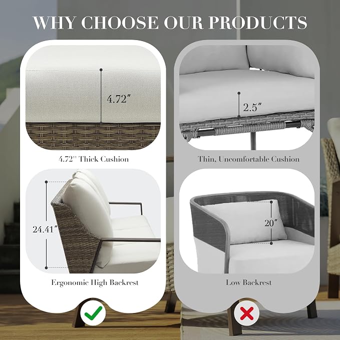 Outdoor Sofa 3 Seat Patio Couch, All-Weather PE Rattan Wicker Loveseat with Washable 4.7" Thick Cushions, Outdoor Furniture for Deck, Porch, Balcony, Backyard, Beige