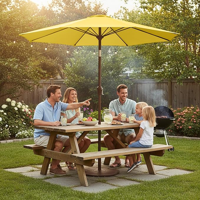 9ft Patio Umbrella with Push Button Tilt and Crank,Outdoor Market Table Umbrella UV Protection 8 Sturdy Ribs for Backyard,Garden,Pool,Deck(Yellow)