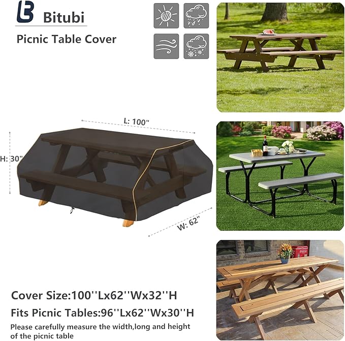 Bitubi 96 Inch Waterproof Picnic Table Cover With Bench Covers,Classic Black Wind Dust Proof Anti-UV, 96”Outdoor Cover For Picnic Table