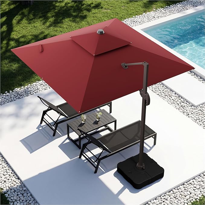 10x10FT Cantilever Outdoor Patio Umbrellas，Double Top Large Square Umbrella Heavy Duty 360°Rotation Offset Outdoor Sun Shade Umbrella for Garden Deck Pool Backyard Patio, Red