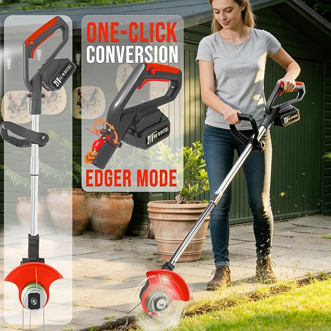 Cordless Weed Wacker, 21V Battery Powered Weed Eater with 2X 2.0Ah Batteries and Charger, Metal Blade Electric Weed Wacke, 3-in-1 Stringless Grass Trimmer Lawn Edger Brush Cutter for Garden Yard