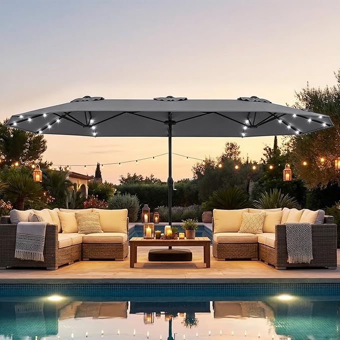 Tangkula 13FT Double-Sided Solar Patio Umbrella, Extra-Large Outdoor Twin Umbrella with 36 LED Lights, Vented Top, Crank Handle, 12 Ribs, Weighted Base Included for Backyard Poolside Deck (Gray)
