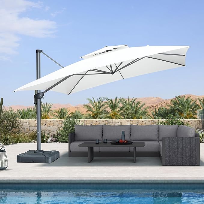 PURPLE LEAF 12 Feet Sunbrella Cantilever Umbrella Outdoor Square Double Top Large Offset Hanging 360° Rotation Heavy Duty Umbrella for Garden Patio Deck Pool Backyard Canvas Natural