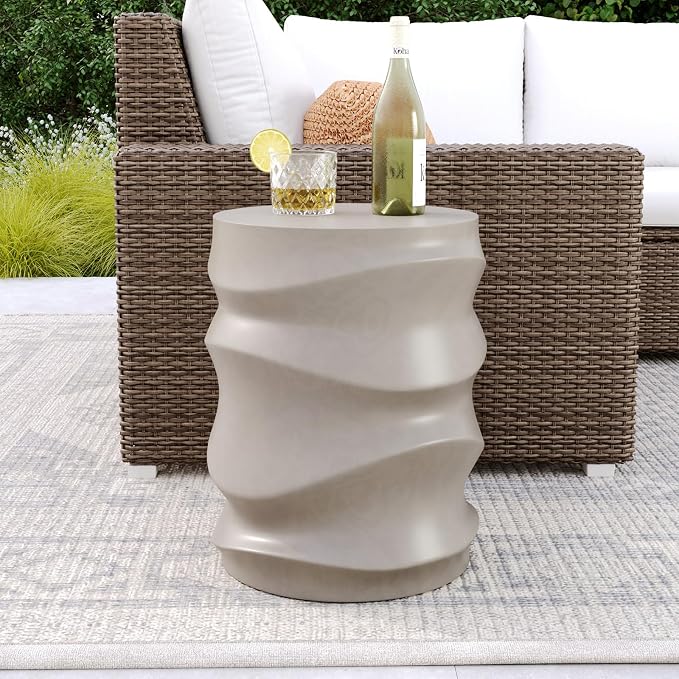 COSIEST Outdoor Side Table, 18''H Patio Concrete Side Accent Table, Streamlined Lightweight Decorative Patio Garden Stools, Plant Stand Drum Tables, Round, Grey