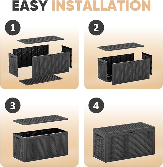 EasyUp 110 Gallon Deck Boxes Outdoor Waterproof, Resin Outside Storage Box for Patio Cushion Furniture Pool Accessories Garden Tools Indoor Outdoor Storage Bench (110 Gallon, Black)