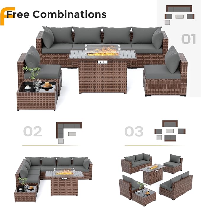 UDPATIO Furniture Set with Fire Pit Table, 8 Piece Sectional Sofas, All-Weather Wicker Conversation for Garden, Backyard, Dark Grey