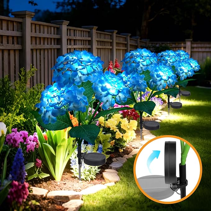 Solar Path Lights Outdoor 4 Pack, LED Blue Hydrangea Flower Decor, Waterproof Auto On/Off, Bigger Solar Panel for Yard, Patio, Garden Walkway Decoration Gift for Mom (Blue)