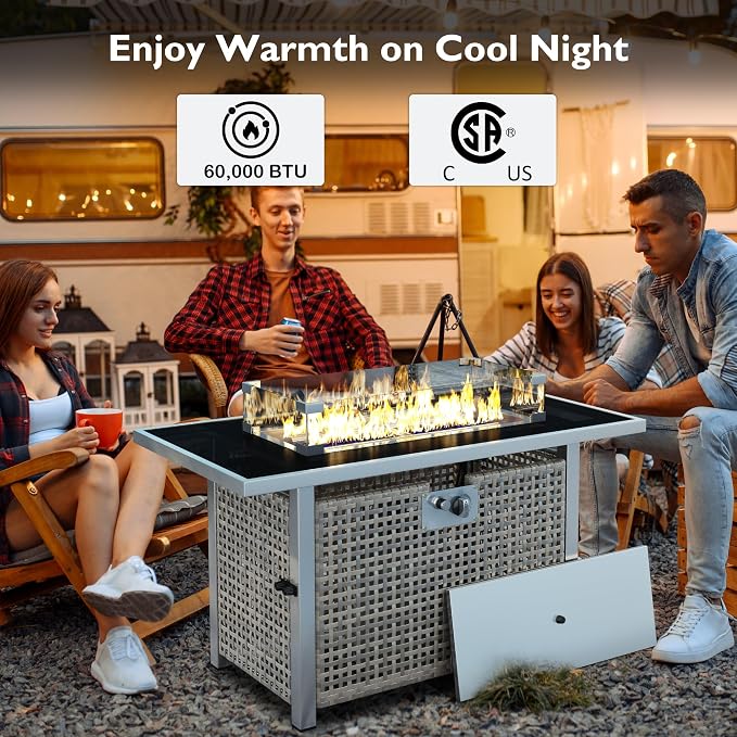 43" Propane Gas Fire Pit Table, 60000 Btu Rectangular Open Weave Wicker Fire Pit with Glass Wind Guard for Outside Patio Deck Garden Backyard - Grey