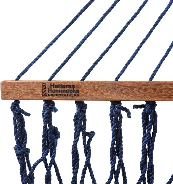 Hatteras Hammocks Large Navy DuraCord Rope Hammock – 13 ft. x 55 in., 2-Person, 450 lb Capacity, Cumaru Spreader Bar, Zinc-Plated Hardware – Handcrafted in The USA