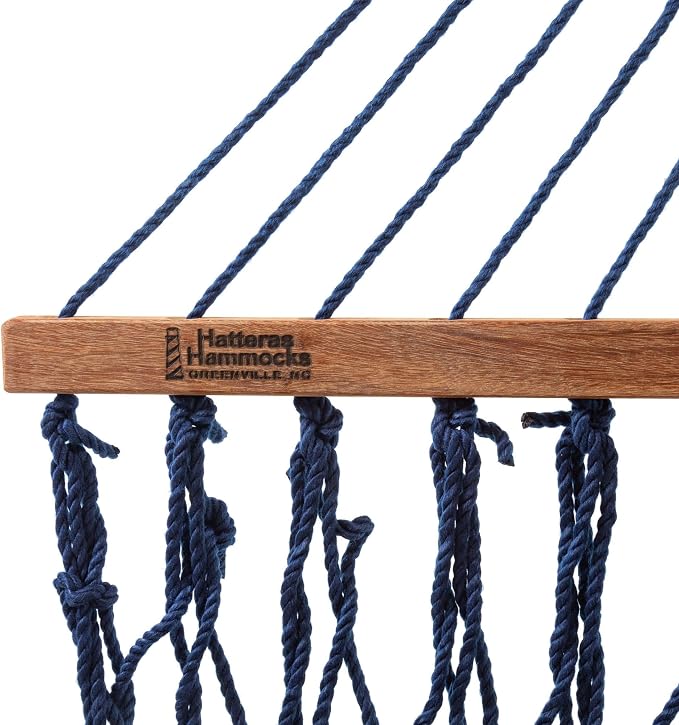 Hatteras Hammocks Small Navy DuraCord Rope Hammock – 11 ft. x 45 in., 450 lb Capacity, Cumaru Spreader Bar, Zinc-Plated Hardware, Handcrafted in The USA