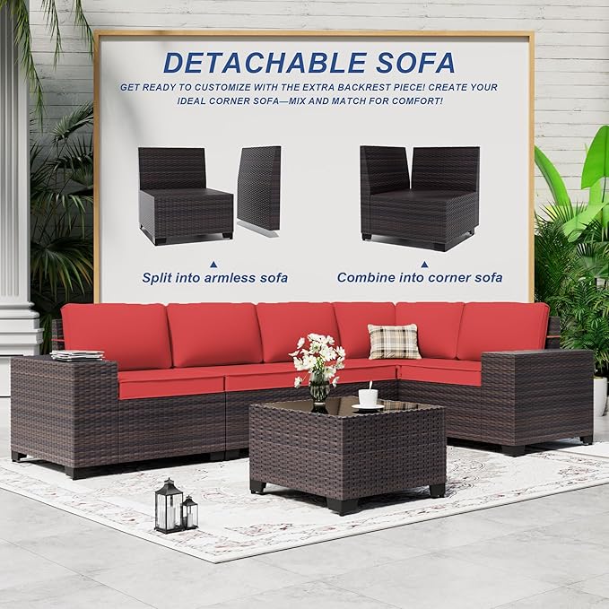 Outdoor Patio Furniture Set, 12 Pieces Outdoor Sectional Furniture High Backrest Patio Sofa, All-Weather PE Rattan Patio Conversation Set with Coffee Table & Cushions(Red).