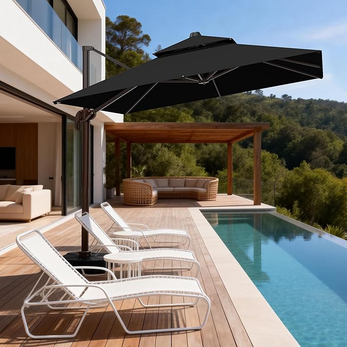 10x10Ft Patio Umbrella Outdoor Cantilever Rectangle Umbrella, 6-Level Tilt & 360° Rotation Offset Umbrella for Garden, Deck, Pool(Black)