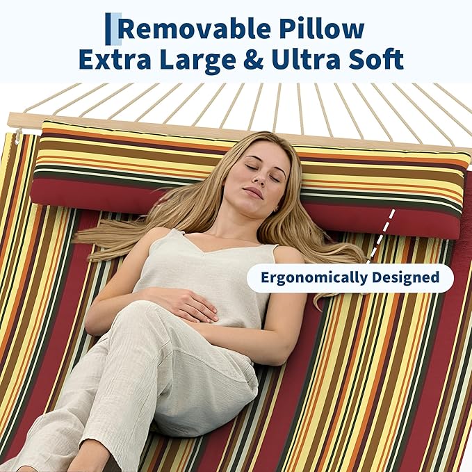 Hammocks 12 FT Double Quilted Fabric Hammock with Spreader Bar and Detachable Pillow, 2 Person Hammock for Outdoor Patio Backyard Poolside, 450lbs Weight Capacity