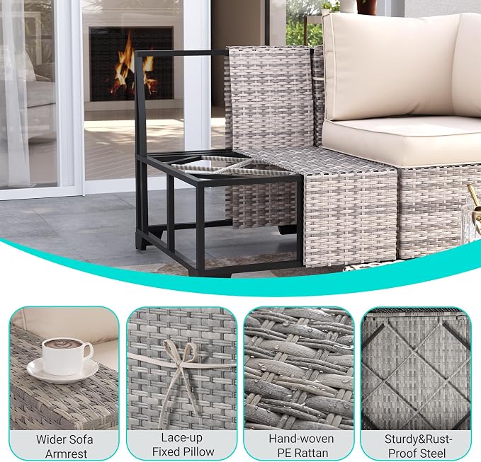 7-Piece Outdoor Patio Furniture Set with 55,000 BTU Fire Pit Table, PE Wicker Rattan Sectional Sofa Patio Conversation Set with Thickened Cushions & Coffee Table, Ivory